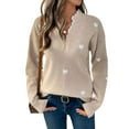 thumbnail image 1 of Cute Heart Print Sweater for Women - V-Neck Sweater Pullovers with Lace Trim, Knit Jumper Light Khaki M, 1 of 10