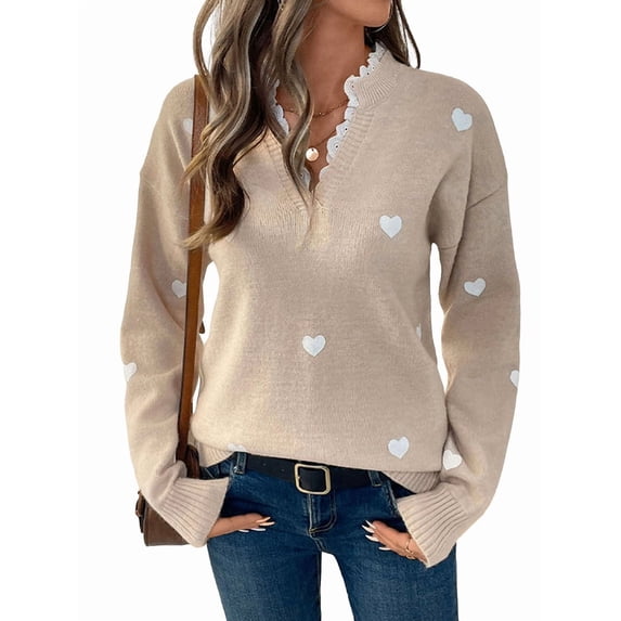 Cute Heart Print Sweater for Women - V-Neck Sweater Pullovers with Lace Trim, Knit Jumper Light Khaki S