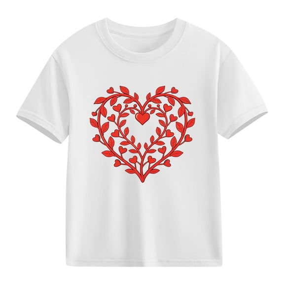 Cute Heart Print T-Shirt for Girls | Kids Valentine's Day Cotton Tee | White Short Sleeve Crewneck Graphic Top,Size 7 T