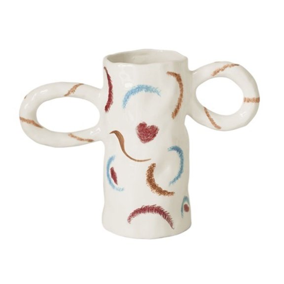 Cute Heart Shaped Ceramic Vase Double Ears Hand Painted Flower Arranger Decorative Ornament