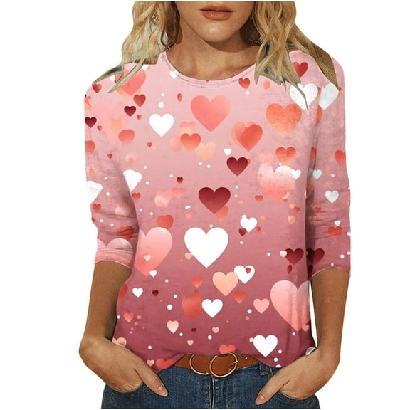 Cute Heart Shirts for Valentines Day Women Classic 3/4 Sleeve Tops Trendy Plus Size Basic Tee Shirt