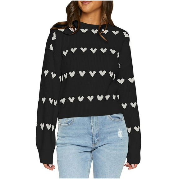 Cute Heart Sweaters for Women Crew Neck Valentines Day Sweater Long Sleeve Casual Ribbed Knit Pullover Top Dark Gray, S