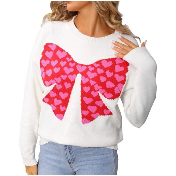Cute Heart Sweaters for Women Long Sleeve Valentines Day Sweater Crew Neck Casual Ribbed Knit Pullover Top White, L