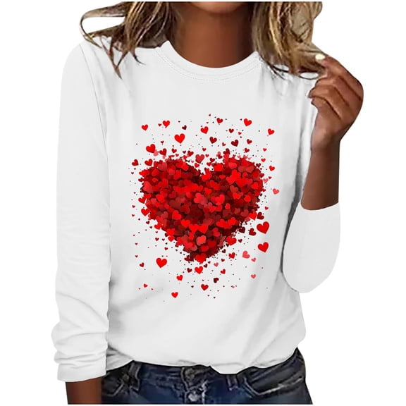 Cute Heart Tshirt for Womens Valentine's Day Long Sleeve Crewneck Tops Comfy Basic Tee Holiday Top