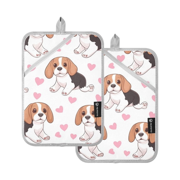 Cute Hearts Beagle Dogs Valentine Pot Holder Heat Resistant Mat Oven Hot Pads Pocket Design Potholders Set of 2
