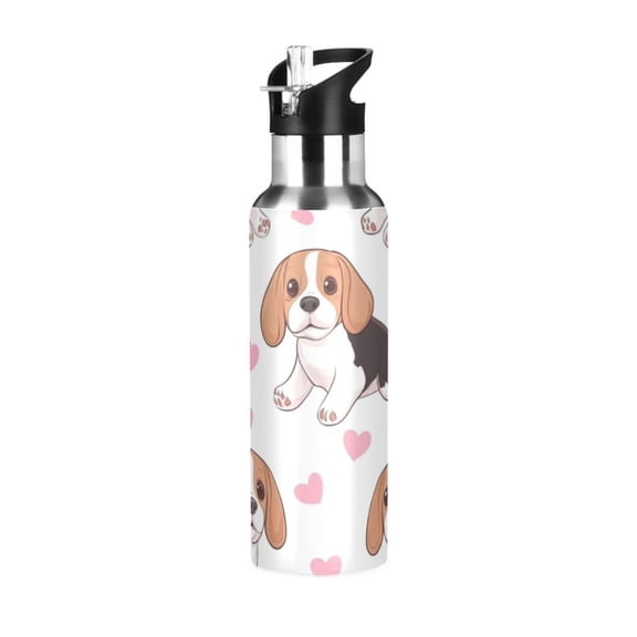 Cute Hearts Beagle Dogs Valentine Sports Bottle with Straw Stainless Steel Water Jug Portable Thermal Cup Leak-proof 600ML