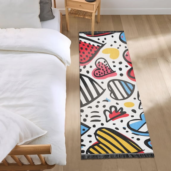 Cute Hearts Dots Line Art Bedside Runner Rug 2'x 6' Non Slip Carpet Floor Mat Area Rug