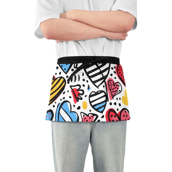 Cute Hearts Dots Line Art Short Server Apron with 3 Pockets for Unisex Chef Gardening