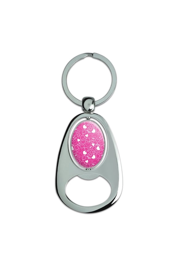 Cute Hearts Love Pattern on Pink Keychain Chrome Metal Spinning Oval Bottle Opener