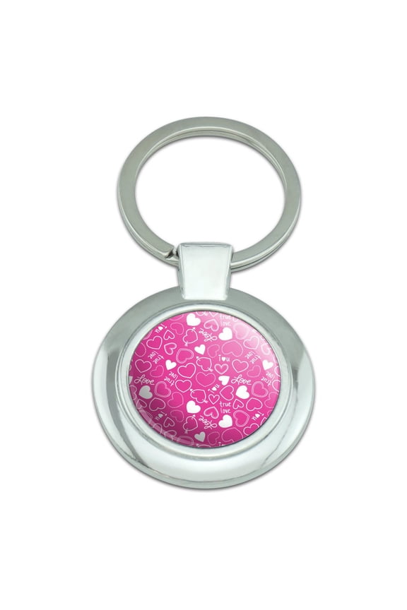 Cute Hearts Love Pattern on Pink Keychain Classy Round Chrome Plated Metal