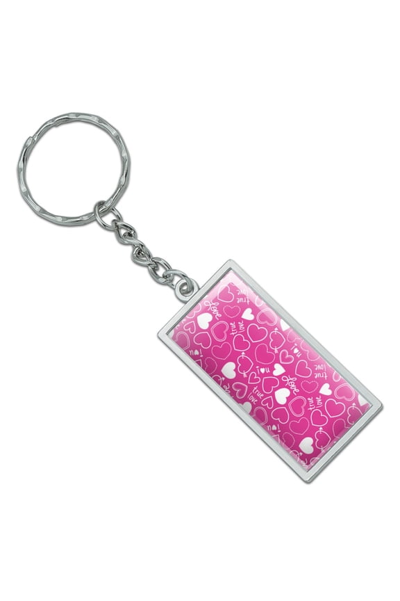 Cute Hearts Love Pattern on Pink Rectangle Keychain in Chrome Plated Metal
