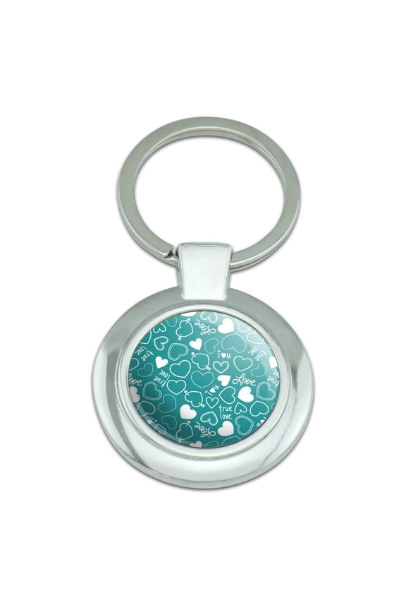 Cute Hearts Love Pattern on Teal Turquoise Keychain Classy Round Chrome Plated Metal