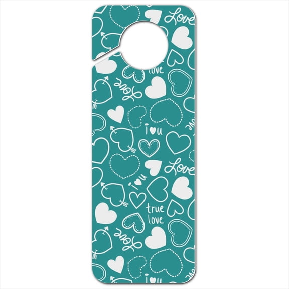 Cute Hearts Love Pattern on Teal Turquoise Plastic Door Knob Hanger Sign
