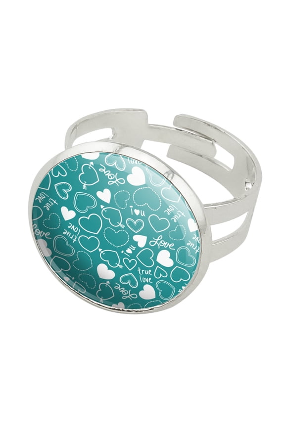 Cute Hearts Love Pattern on Teal Turquoise Silver Plated Adjustable Novelty Ring