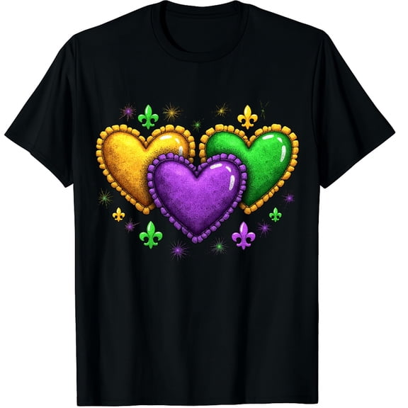 Cute Hearts Mardi Gras Carnival Outfit Graphic Crew Neck Short Sleeve T-Shirts (Men's, Women's)