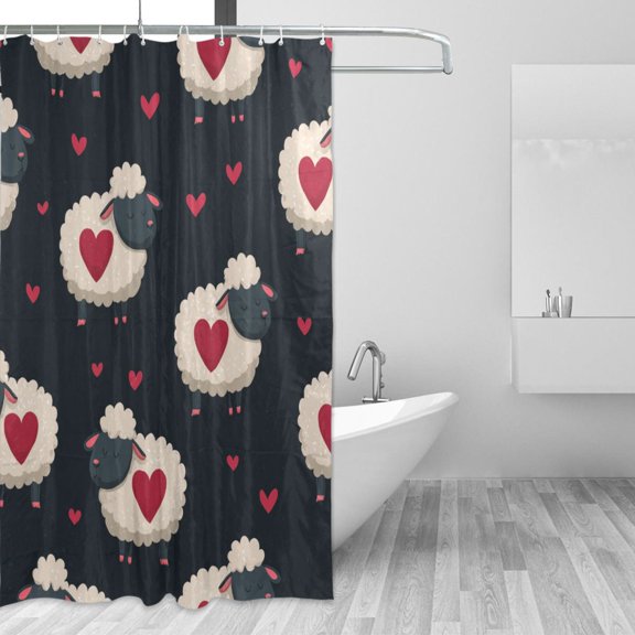 Cute Hearts Sheep Valentine Theme Shower Curtains with 12 Hooks Waterproof Bathroom Decor 66" x 72"
