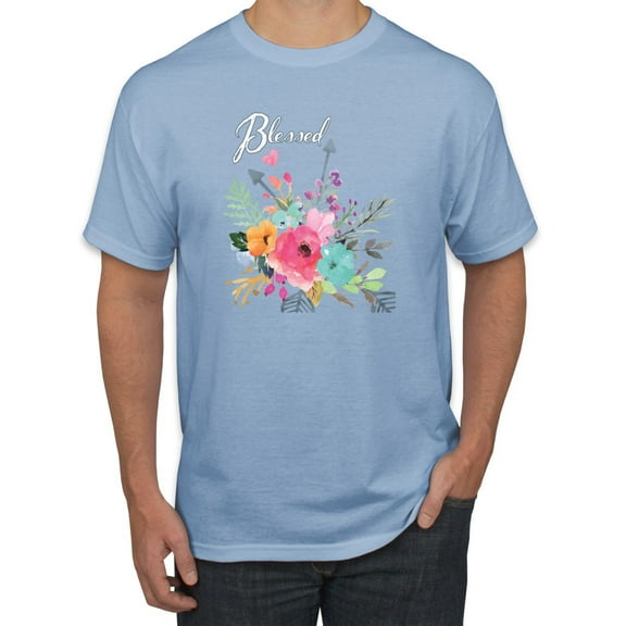 Cute Hearts and Flowers Blessed Inspirational/Christian Men's Graphic T-Shirt, Light Blue, Medium