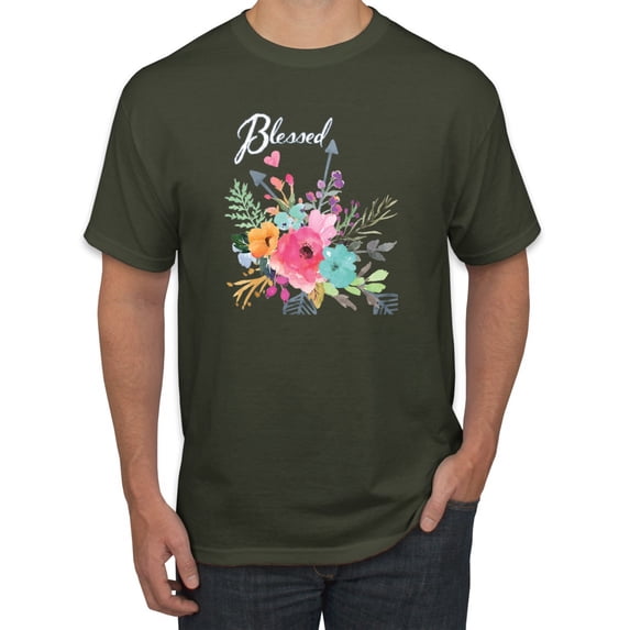 Cute Hearts and Flowers Blessed Inspirational/Christian Men's Graphic T-Shirt, Military Green, 3XL
