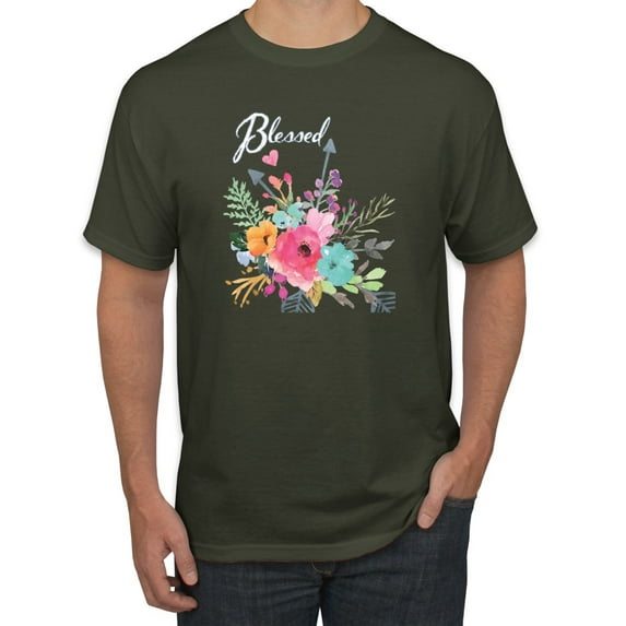 Cute Hearts and Flowers Blessed Inspirational/Christian Men's Graphic T-Shirt, Military Green, 5XL