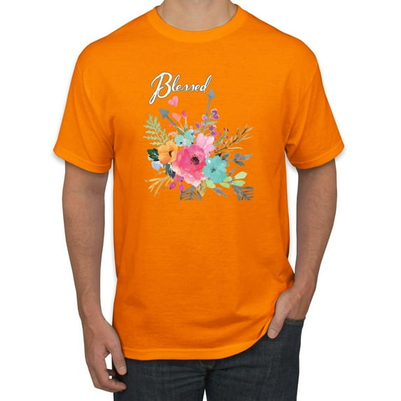 Cute Hearts and Flowers Blessed Inspirational/Christian Men's Graphic T-Shirt, Orange, Large