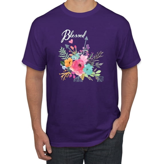 Cute Hearts and Flowers Blessed Inspirational/Christian Men's Graphic T-Shirt, Purple, Large