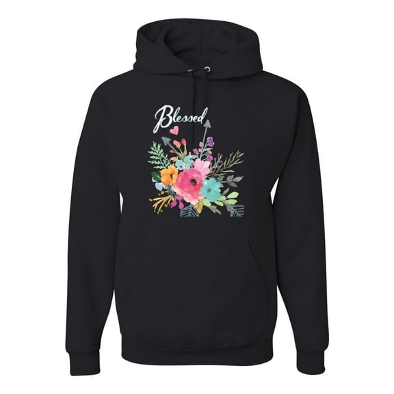 Cute Hearts and Flowers Blessed Inspirational/Christian Unisex Graphic Hoodie Sweatshirt, Black, Small
