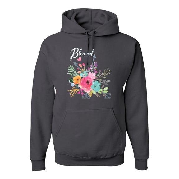 Cute Hearts and Flowers Blessed Inspirational/Christian Unisex Graphic Hoodie Sweatshirt, Charcoal, Large