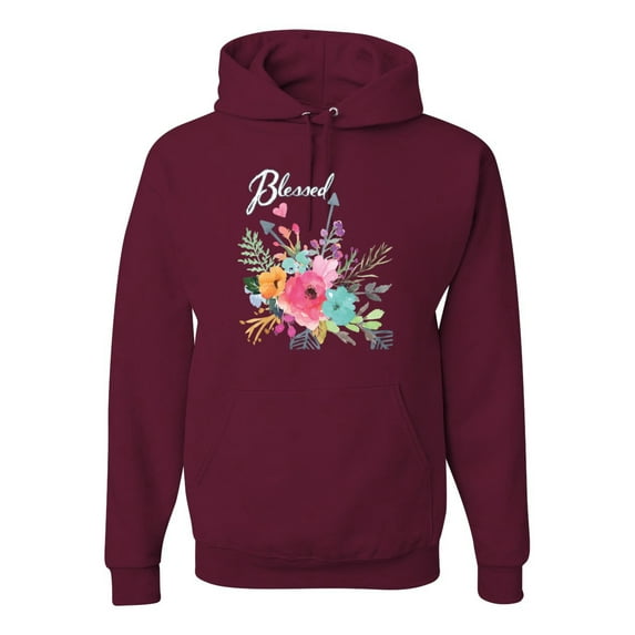 Cute Hearts and Flowers Blessed Inspirational/Christian Unisex Graphic Hoodie Sweatshirt, Maroon, 3XL