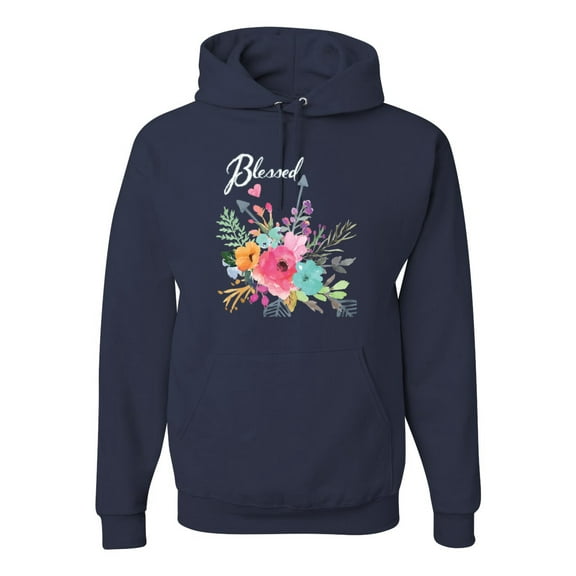 Cute Hearts and Flowers Blessed Inspirational/Christian Unisex Graphic Hoodie Sweatshirt, Navy, 2XL
