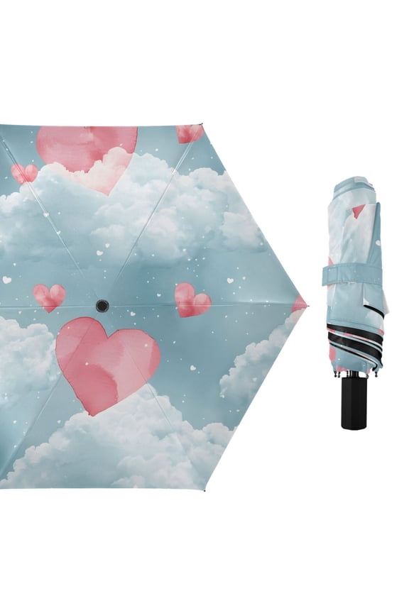 Cute Hearts in The Clouds All Weather Umbrella Triple Folding Parasol 6 Ribs UV Protection Portable