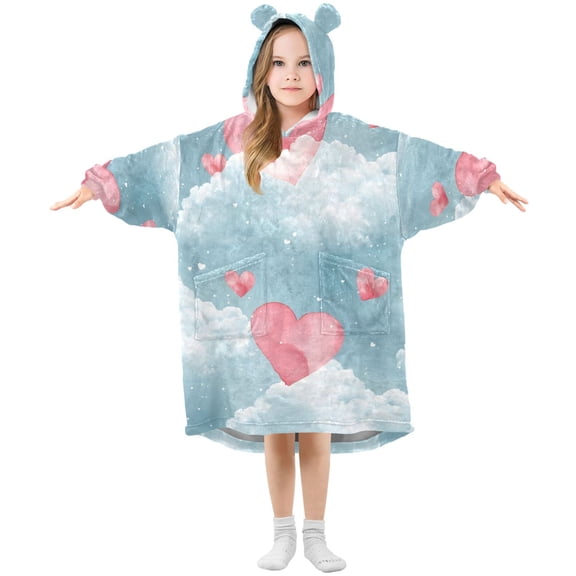 Cute Hearts in The Clouds Flannel Wearable Blankets Hooded Design Long Sleeves Wrap Unisex for 3T-14Y L