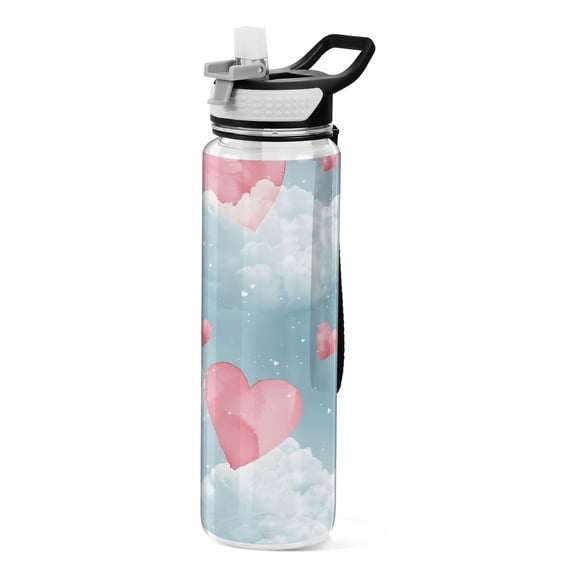 Cute Hearts in The Clouds Transparent Sports Water Bottle with Straw BPA Free Tritan 32oz for Gym Camping