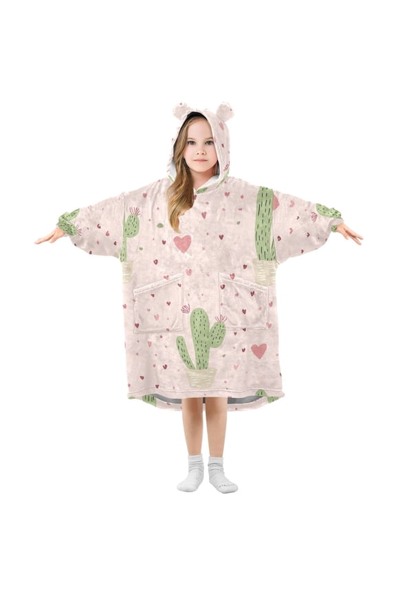 Cute Hearts with Cactus Valentine Flannel Wearable Blankets Hooded Design Long Sleeves Wrap Unisex for 3T-14Y L