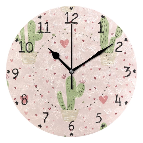 Cute Hearts with Cactus Valentine Round Wall Clock Silent Analog Battery Operated Black Pointer Home Decor 9.84" Diameter