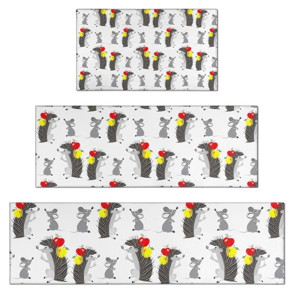 Cute Hedgehog Apple Kitchen Rugs Sets Of 3,Kitchen Runner Rugs Non Skid Washable,Decorative Kitchen Floor Mats for Kitchen,Sink,Laundry,17"x30"+ 17"x47" + 17"x59"