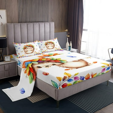 Cute Hedgehog Bedding King Size Kawaii Animal Bed Sheets Set, Colorful Leaves Sheet Set Chic Butterfly Sheets, Wildlife Theme Top Sheet