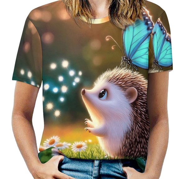 Cute Hedgehog Butterfly Garden Women's Short Sleeve Tops Casual Blouses T Shirt