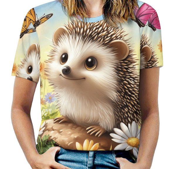 Cute Hedgehog Floral-2 Women's Short Sleeve Tops Casual Blouses T Shirt