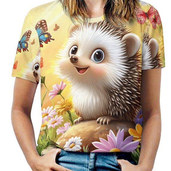 Cute Hedgehog Floral Garden(1)-2 Womens Tops Women's Fashion Casual Short Sleeve Flower Print Round Neck Pullover Top Blouse