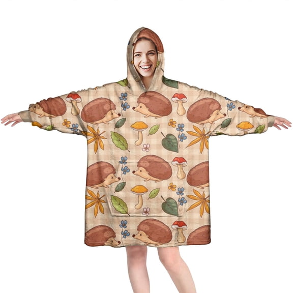 Cute Hedgehog Floral Pattern Wearable Oversized Blanket,Wearable Blanket Hoodie for Adults,Cozy Hooded Blankets with Super Pockets,Super Warm Fuzzy Pullover for Women & Men