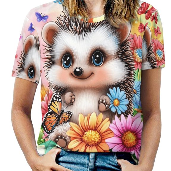 Cute Hedgehog Floral Print Women's Short Sleeve Tops Casual Blouses T Shirt