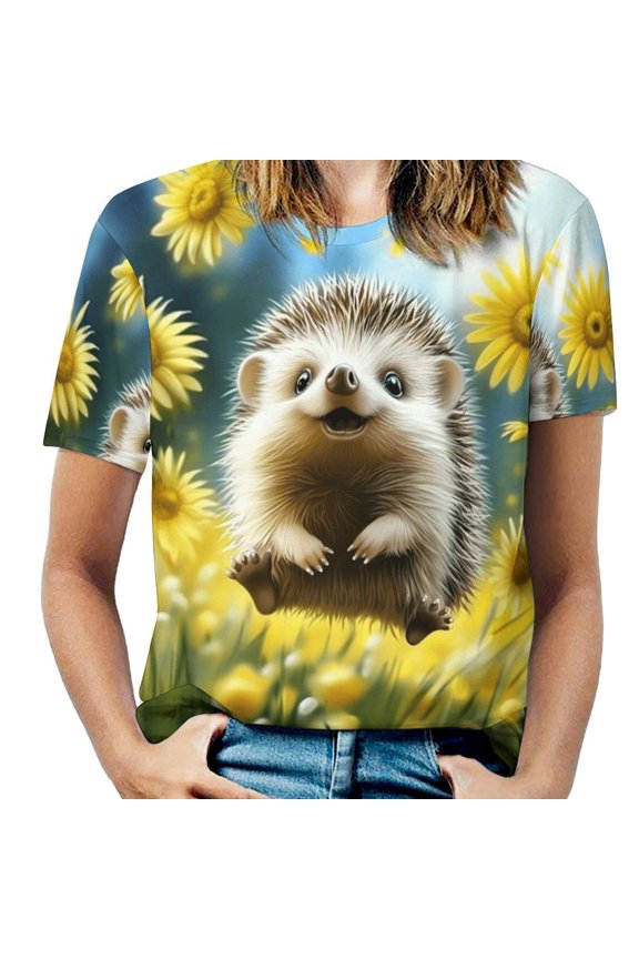 Cute Hedgehog Floral Women's T-Shirt Short Sleeve T Shirts Tops Tee Ladies Loose T