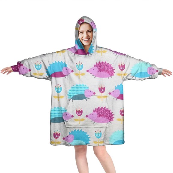 Cute Hedgehog and Flowers Wearable Oversized Blanket,Wearable Blanket Hoodie for Adults,Cozy Hooded Blankets with Super Pockets,Super Warm Fuzzy Pullover for Women & Men