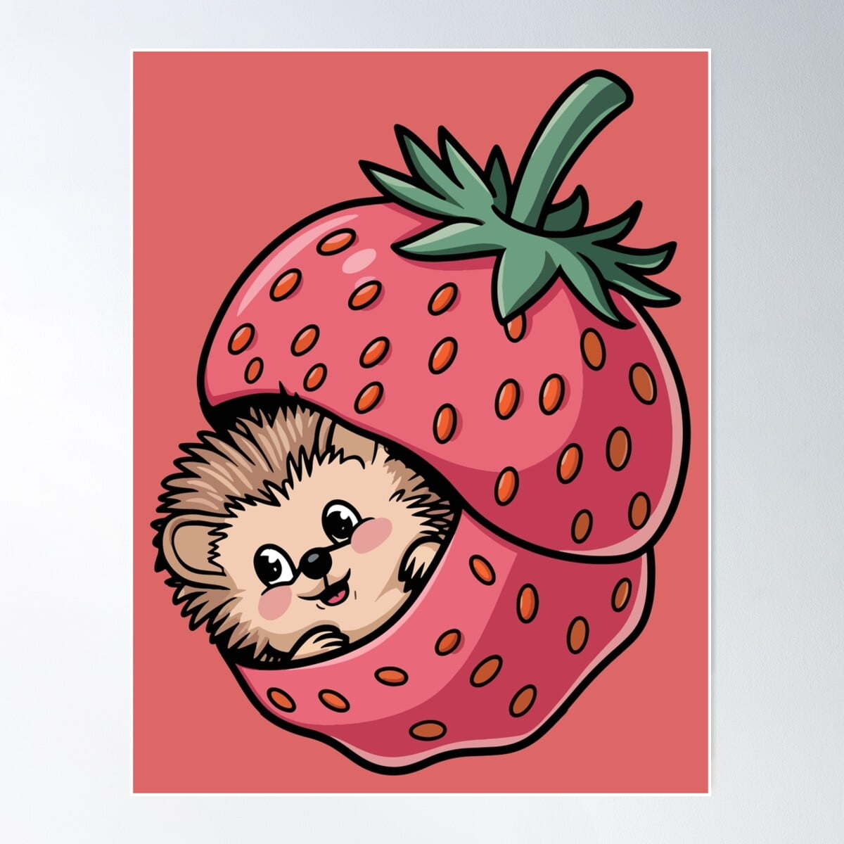 Cute Hedgehog Inside A Strawberry Poster Wall Art, Modern Wall Decor