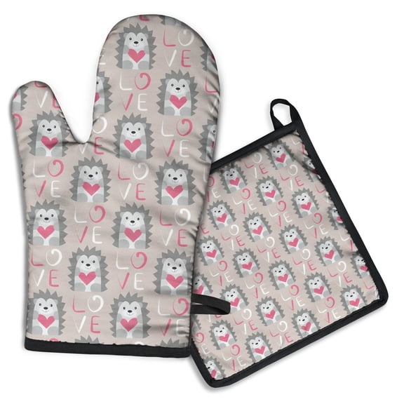 Cute Hedgehog Love Pattern Kitchen Oven Mitt and Pot Holder Sets 2 Pcs for Baking, Cooking and Grilling, Heat Resistant Up To 392 °F