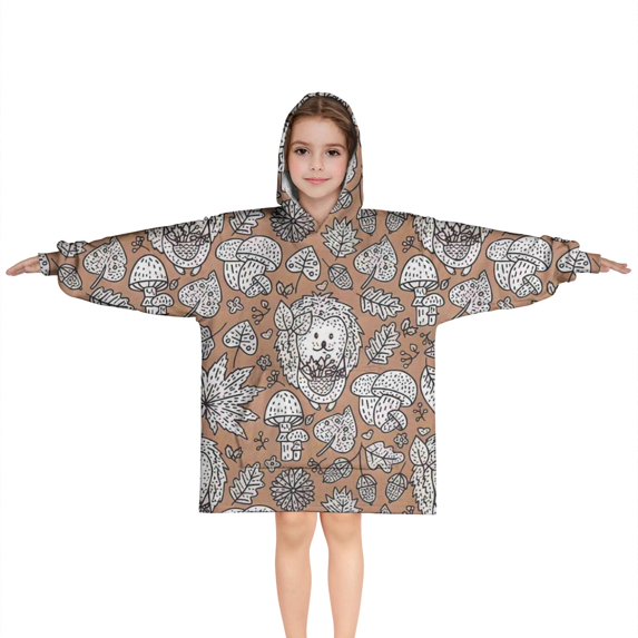 Cute Hedgehog Mushroom Leaves Pattern Blanket Hoodies for Kids 6-13YR Oversize Wearable Blanket Hoodies for Boys Girls Teens