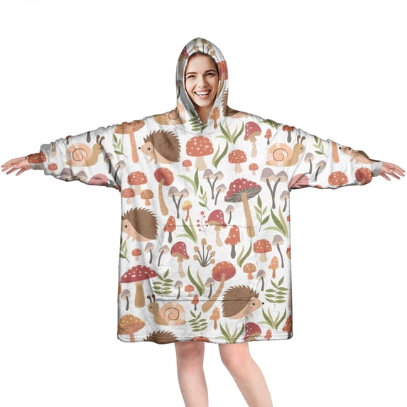 Cute Hedgehog and Mushroom Wearable Oversized Blanket,Wearable Blanket Hoodie for Adults,Cozy Hooded Blankets with Super Pockets,Super Warm Fuzzy Pullover for Women & Men