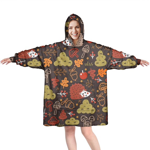 Cute Hedgehog and Mushroom Wearable Oversized Blanket,Wearable Blanket Hoodie for Adults,Cozy Hooded Blankets with Super Pockets,Super Warm Fuzzy Pullover for Women & Men