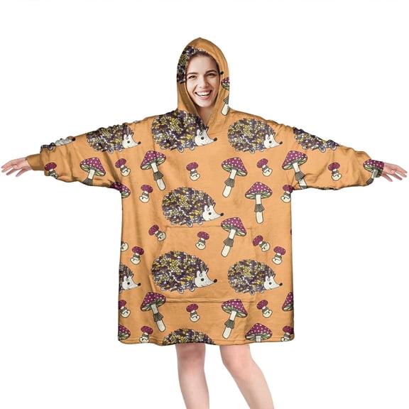 Cute Hedgehog Mushroom Wearable Oversized Blanket,Wearable Blanket Hoodie for Adults,Cozy Hooded Blankets with Super Pockets,Super Warm Fuzzy Pullover for Women & Men