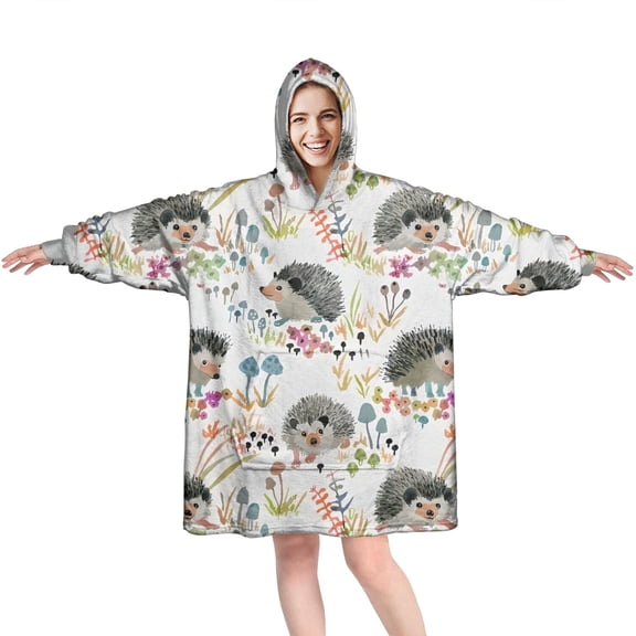 Cute Hedgehog and Mushroom Wearable Oversized Blanket,Wearable Blanket Hoodie for Adults,Cozy Hooded Blankets with Super Pockets,Super Warm Fuzzy Pullover for Women & Men